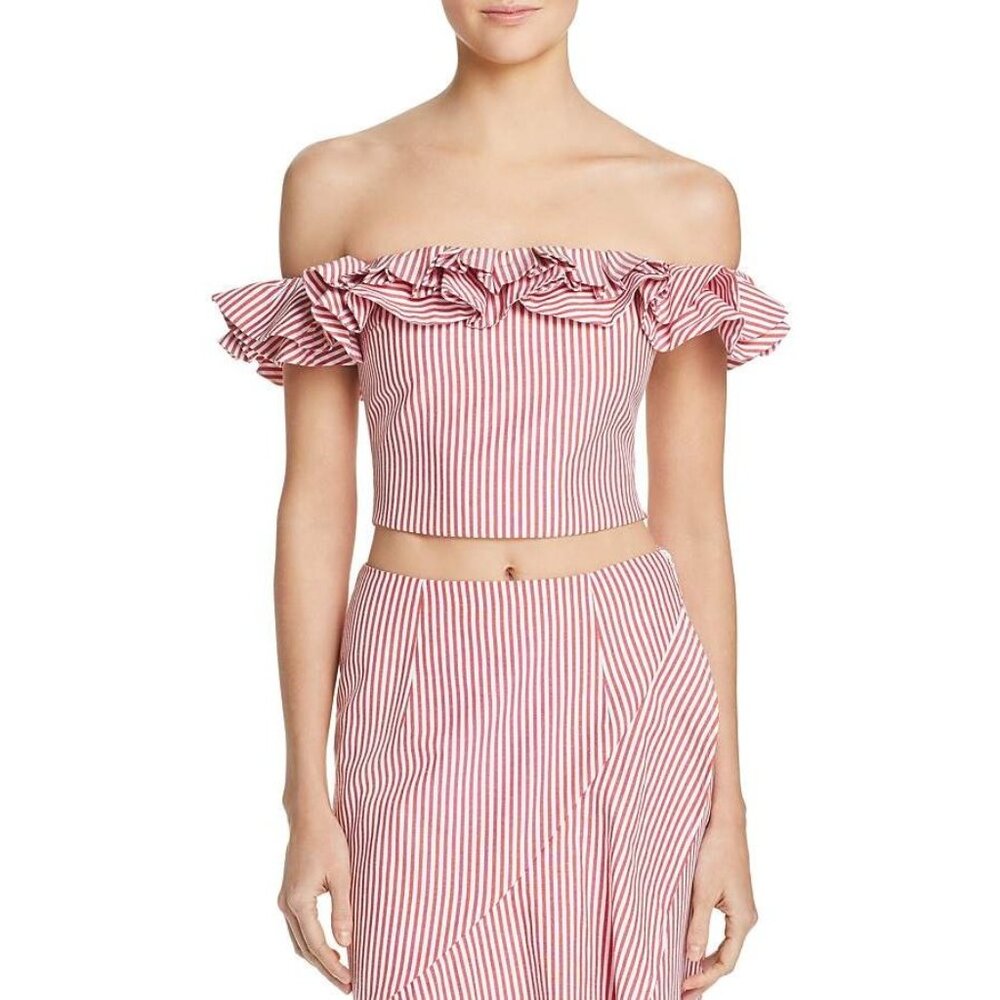 SMALL EUC Wayf Anzio Off Shoulder Red White Stripe Ruffle Crop Top - Picture 6 of 12